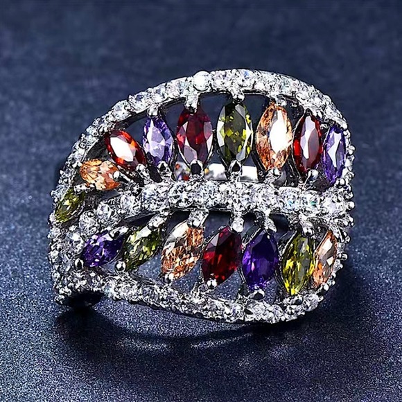 18K Gold Plated Rainbow Ring, Marquis Cut, Zircon, Multicolor - Picture 3 of 7